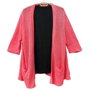 J Jill Coastal Grandma Linen Cardigan Sweater Pink Open Front Resort Rich 1X
